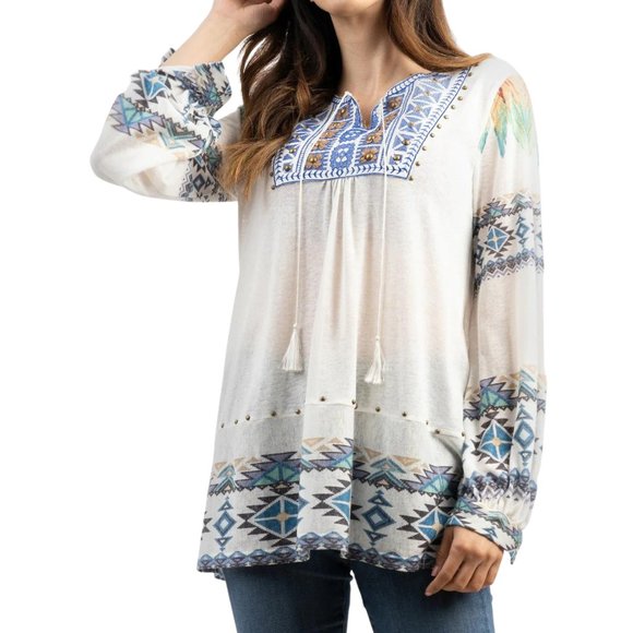 Montana West Tops - MONTANA WEST Delila Boho Embroidered Aztec Graphic Long Sleeve Blouse Small NWT
